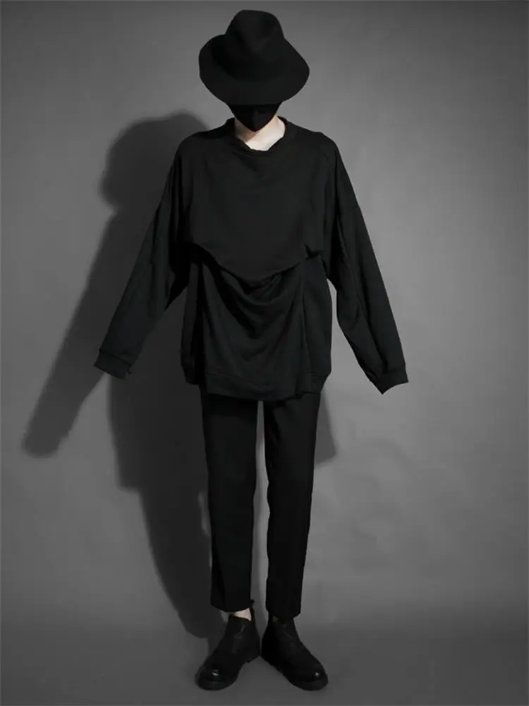 Men's spring and autumn new nightclub pleated bat sleeve design personality fashion trend sleeve ultra loose large size T-shirt