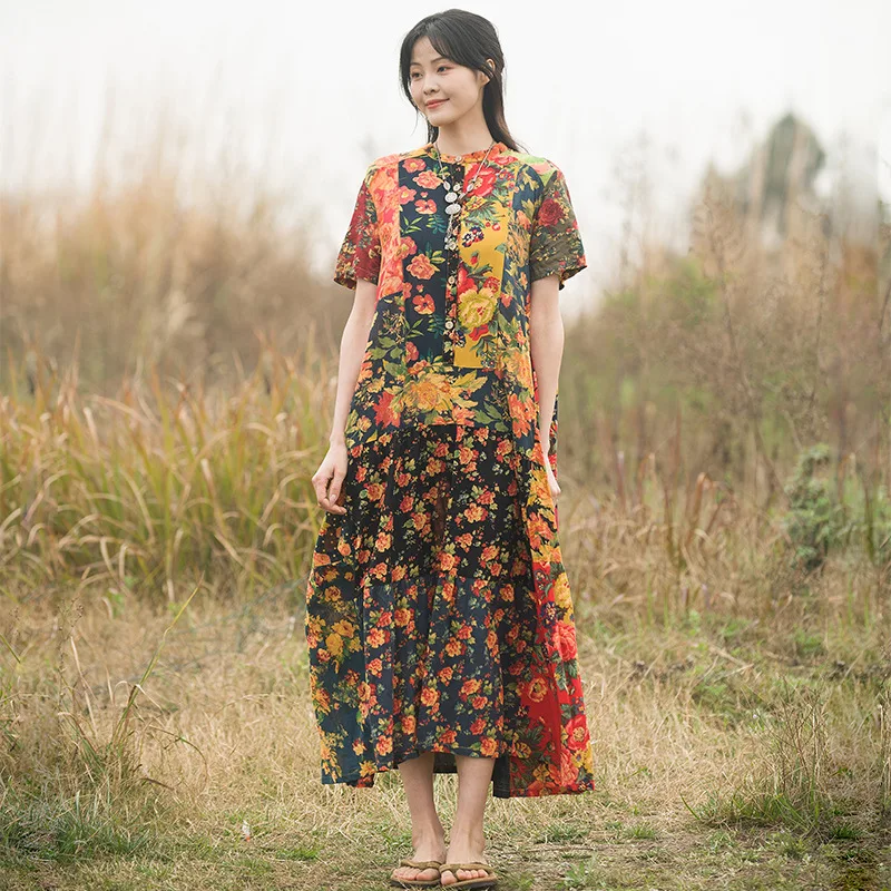 Summer New Cotton Printing Ethnic Style Pannelled Stitching Pastoral Dress Floral Dress Long Dress Women