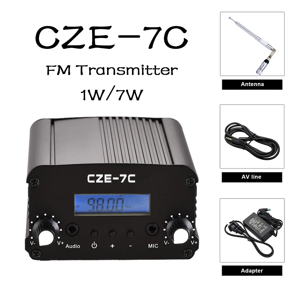 CZE-7C PLL FM Transmitter Radio Broadcast Station 1W/7W Stereo Frequency 76-108Mhz Pro Campus Amplifiers LCD Backlight