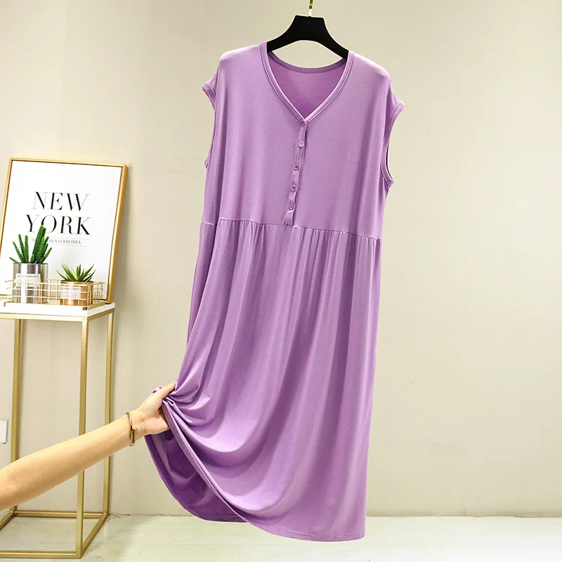 Buttons Large Size Loose Nightgowns For Women Sexy V Neck Sleeveless Long Dress Summer Nightdress Female Lounge Night Shirt