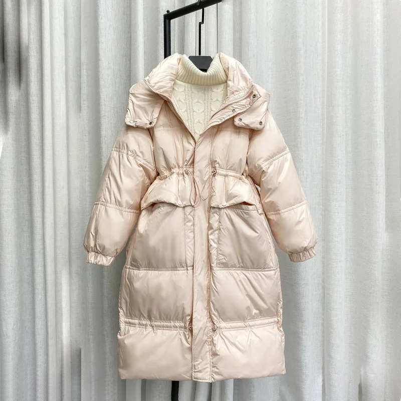 Loose Hooded Down Jacket Women Fashion Solid Color Big Pocket Winter Coat Korean Version Drawstring Thick White Duck Down Jacket