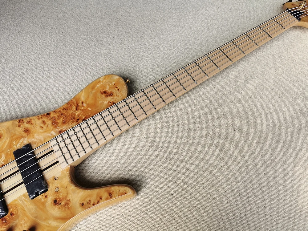 5 Strings Natural Wood Color Neck-thru-body Electric Bass Guitar with Bark Grain Veneer,Maple fretboard