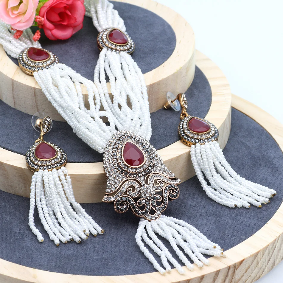 Sunspicems Turkish Hand Bead Jewelry Set Antique Gold Color Rhinestone Long Drop Earring  Arabic Bride Tassels Pendant Necklace