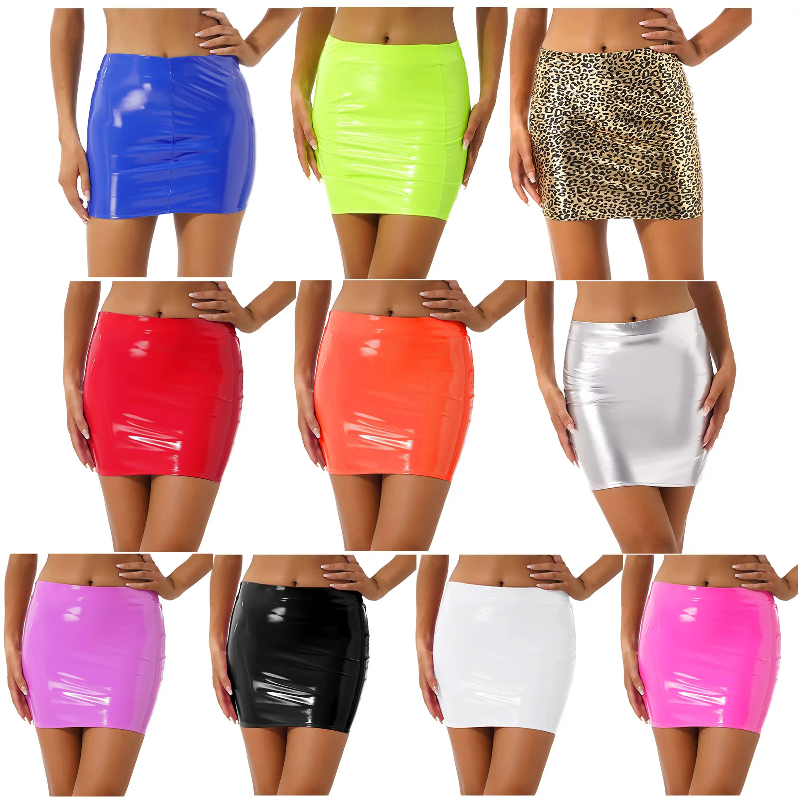 Womens Shiny Metallic Faux Leather Mini Skirt Latex Vinyl Elastic Waistband Micro Skirts Stretchy Bodycon Clubwear