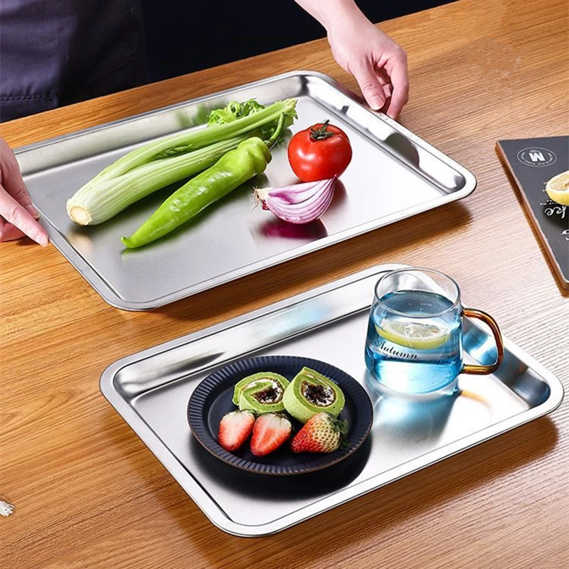 Stainless Steel Food Storage Tray Flat Bottom Trays Fruit Vegetable Plate Kitchen Bread Baking Pan