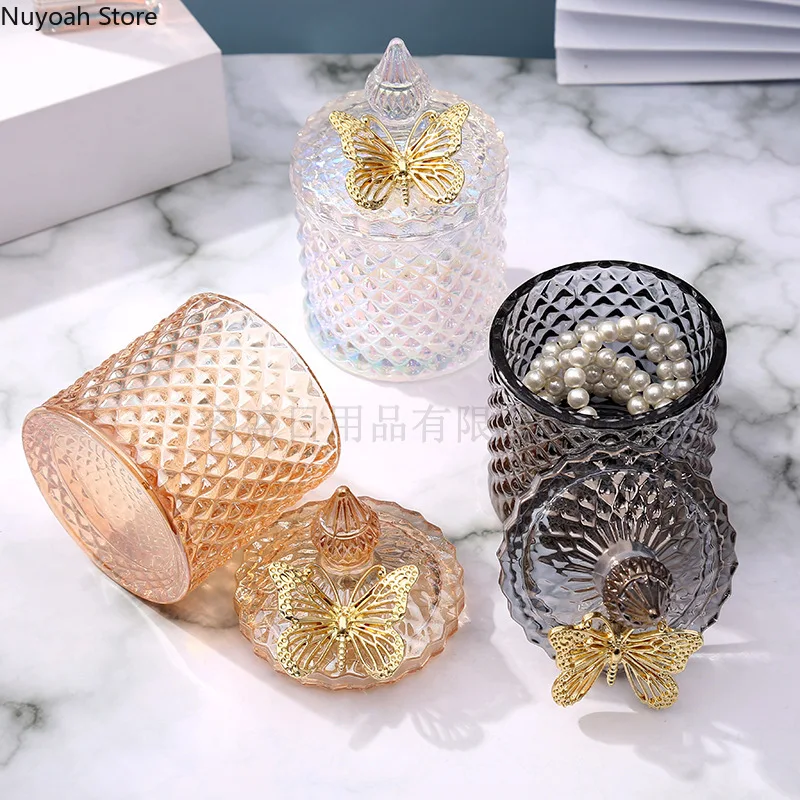 Creative Glass Jar Candle Jar with Lid Multicolor Jewelry Storage Box Round Storage Jar Living Room Home Decoration Accessories