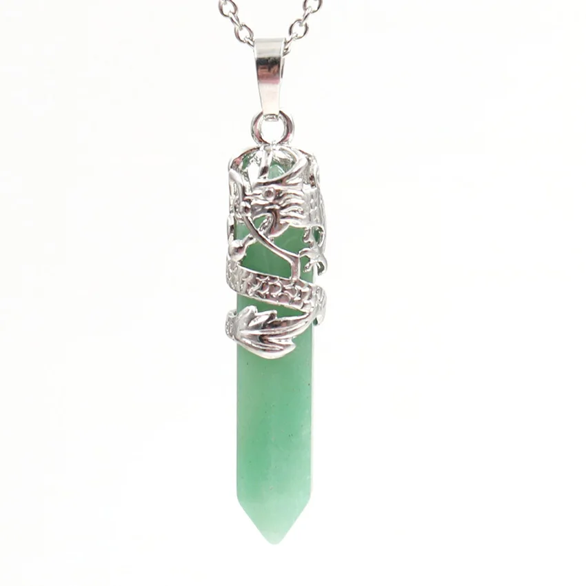 FYSL Silver Plated Chinese Dragon Wrap Hexagon Column Green Aventurine Pendant Link Chain Necklace Cherry Quartz Jewelry