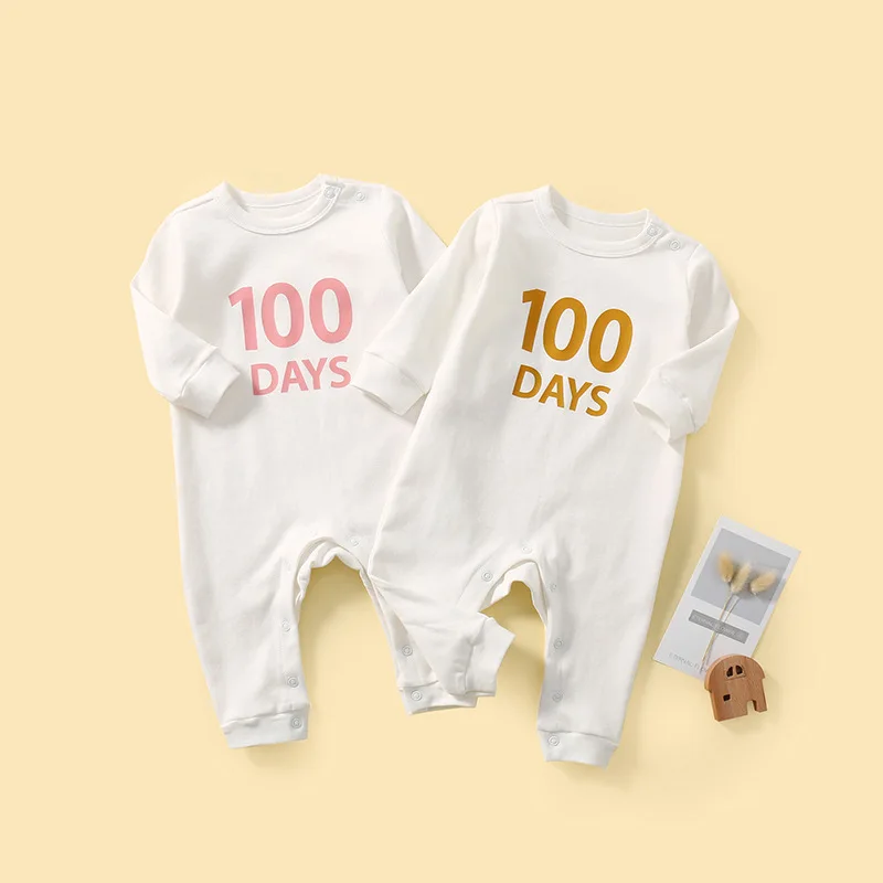 100 Days Baby Romper Long Sleeve Footies Newborn Baby Gift Baby Bodysuit Cotton  Baby Boys Girls Clothing