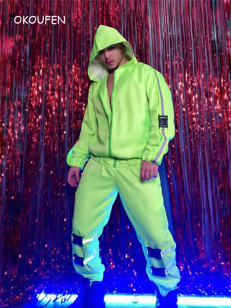 Nightclub bar Men's Hooded Zipper Tooling Jumpsuits Costume Reflective Fluorescent one piece Overalls