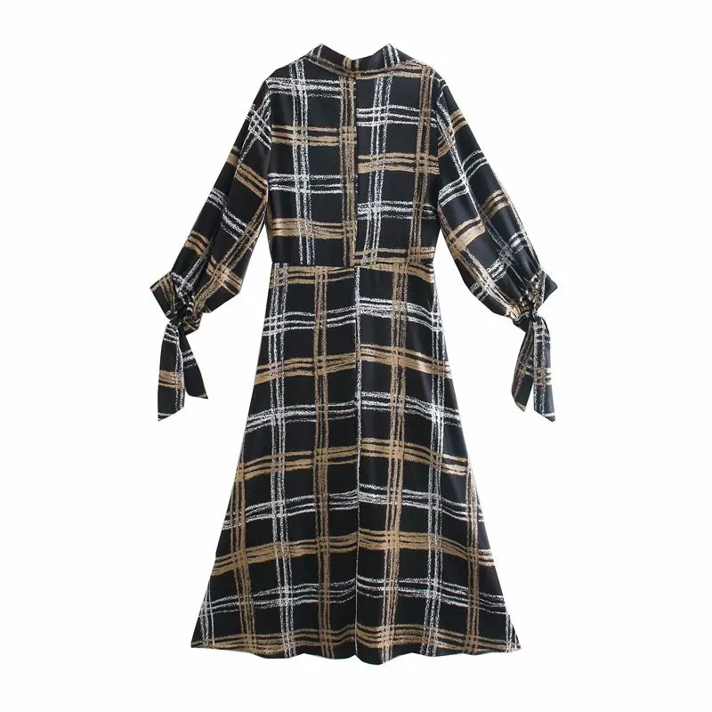 Evfer Women Sprint Fashion Za Plaid High Waist Long Dresses Female Casual Long Sleeve Lace Up Turn-Down Collar Shirt Dress Chic