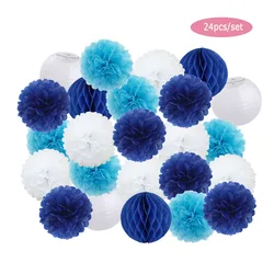 24pcs/Set Baby Shower Party Favor Hanging Paper Pompom Kids Boy Girl Birthday Dark Blue Wedding Events Decoration White Lanterns