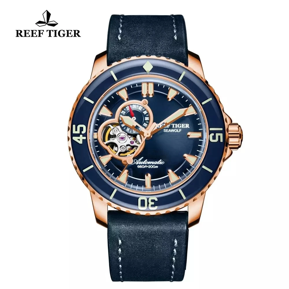 Reef Tiger/RT Top Dive Sport Men Mechanical Watches 200m Waterproof Watch Rose Gold Case Super Luminous Automatic Watch