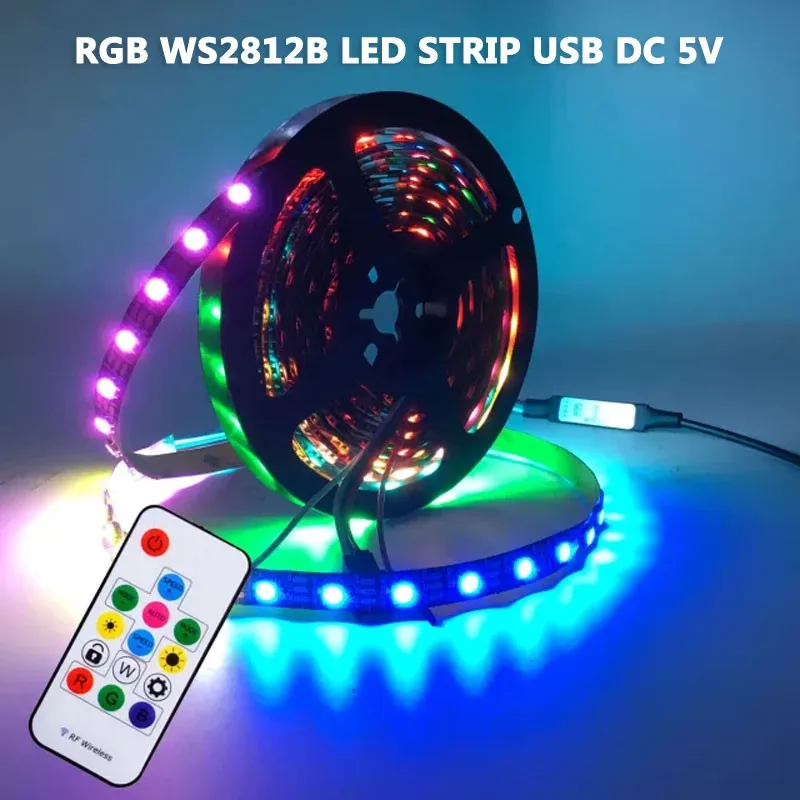 USB RGB WS2812 LED Strip 60LED/M 30LED/M SMD5050 Beralamat LED Pixel Tape 14 Tombol Remote Control DC5V Full Dream Color RGB