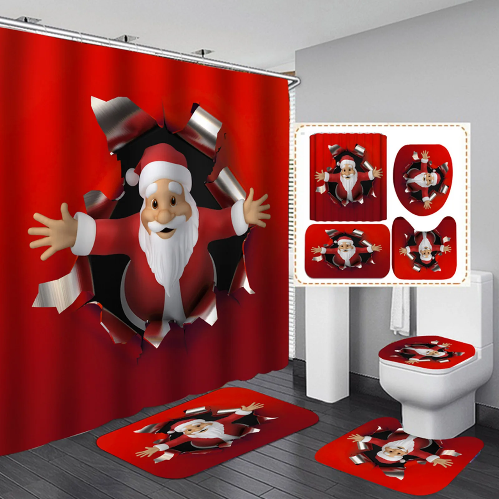 Christmas Bathroom Mat Set Santa Claus Non-slip Carpet Toilet Cover Mat Waterproof Shower Curtain christmas decorations for home