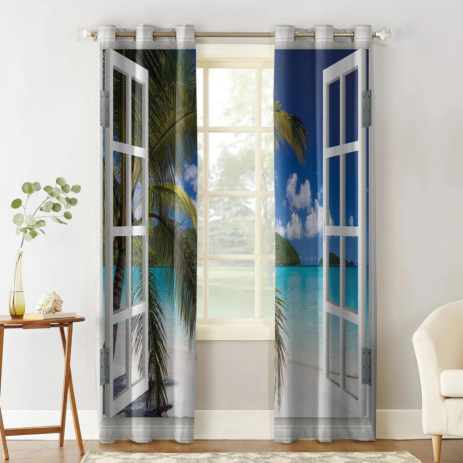 Window Sea View Coconut Tree Beach Blackout Curtains For Living Room Window Curtains For Bedroom Kitchen Curtains Drapes Blinds