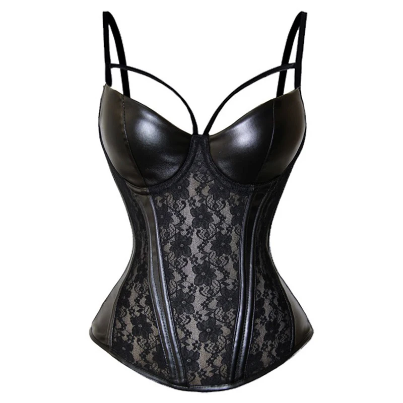 Sexy Lady Leather Elastic Bone Corset Sheer See Mesh Camisole Lingerie Gothic Rock Clubwear Cincher Outfit