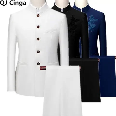 White Single Breasted Stand Up Collar Suit 2 Piece Set,Men Business Wedding Slim Fit Blazer Coat Pants Vest Red Blue Dress Suits