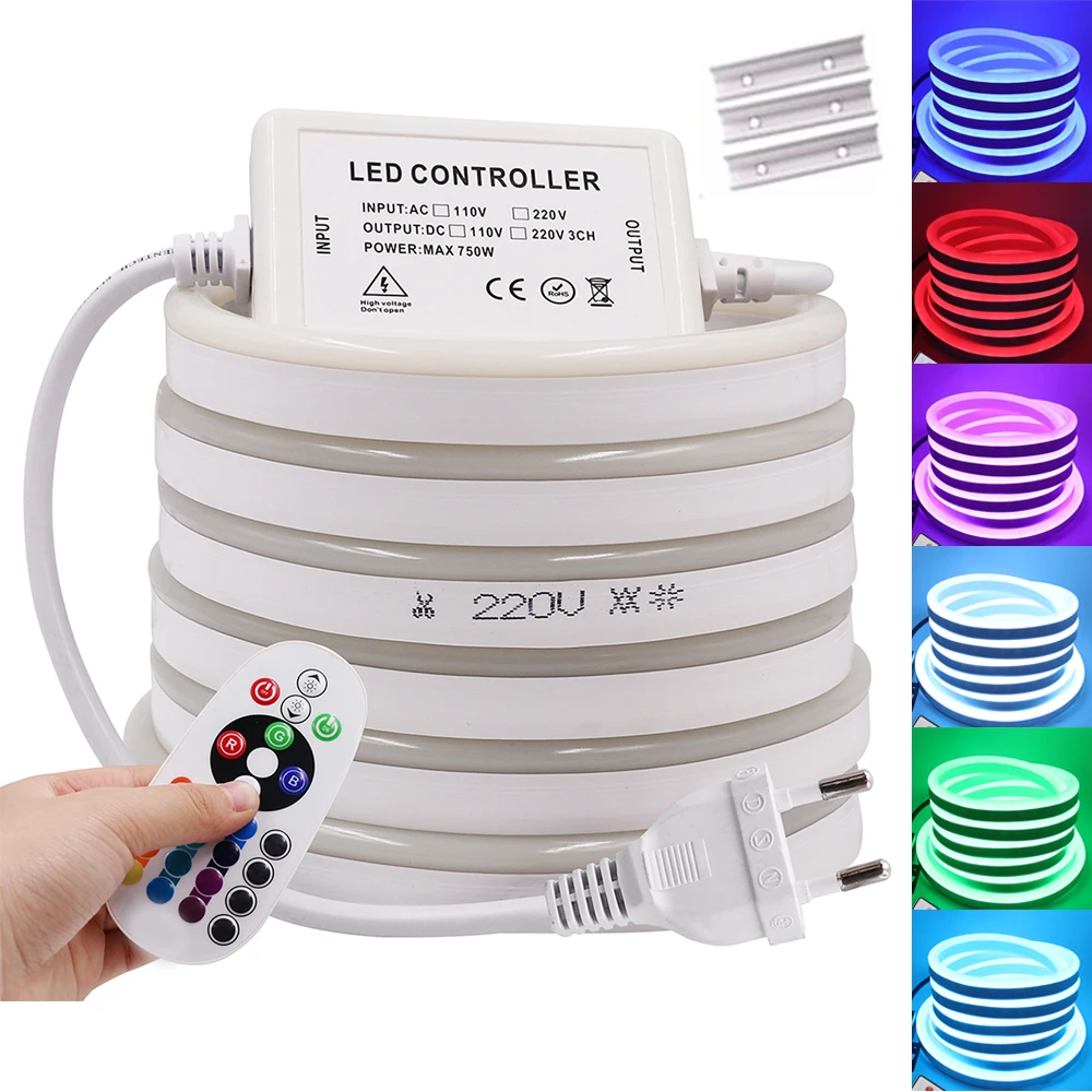 RGB Neon Strip Light EU 220V 240V Waterproof Ribbon Tape Flexible LED Night Lamp White/Warm White 2835 5050 LED Strip Neon Rope