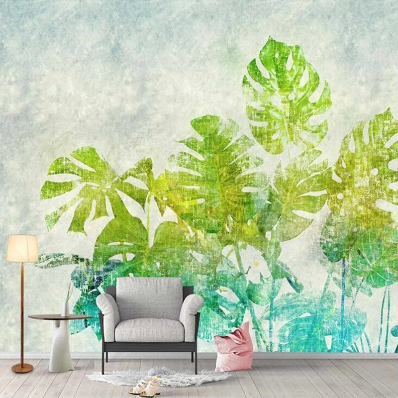 3D Mural Wallpaper Watercolor Green Leaves Pastoral Dining Room Living Room Bedroom Bedside TV Background Wall Decor Painting