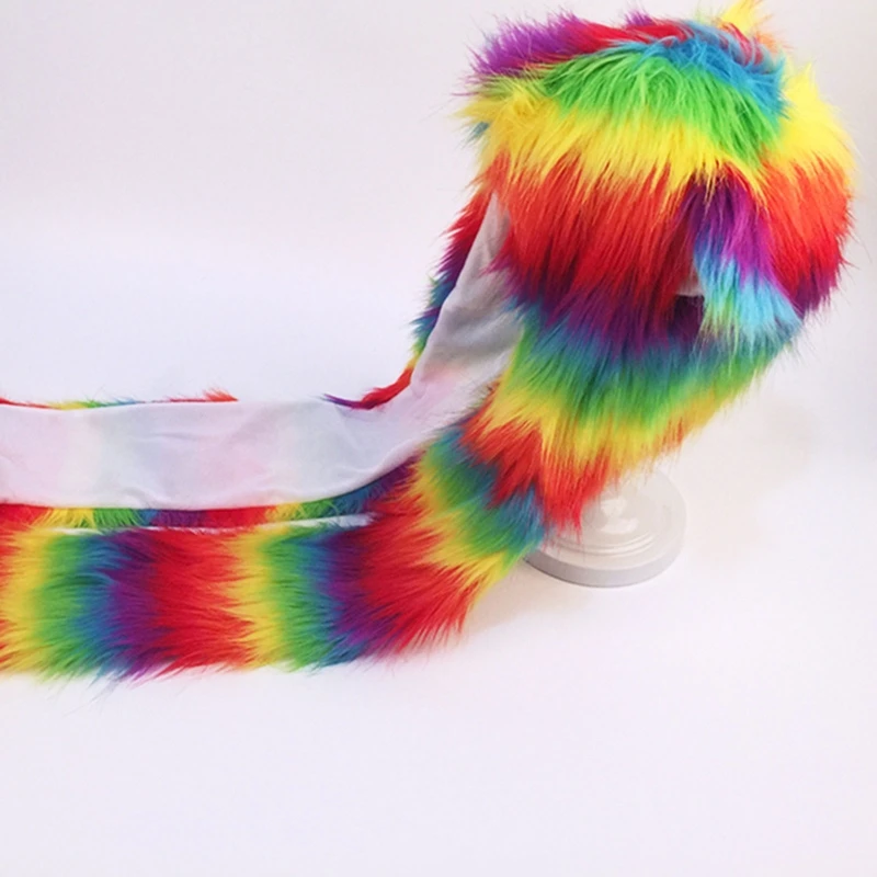 Women Rainbow Stripes Furry Animal Hoodie Hat Plush Ears Paws 3 In 1 Multifunctional Earflap Scarf Gloves Hat Earmuff