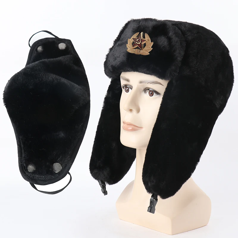 CAMOLAND Winter Thermal Faux Rabbit Fur Bomber Hats Women Men Soviet Army Military Badge Russia Hat Face Neck Earflap Snow Caps