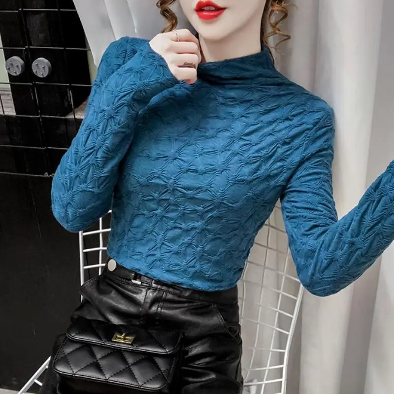 Blouse Women Turtleneck Grenadine Lace Women\'s Shirt Autumn and Winter Tight Long-Sleeved Top Blusas Ropa De Mujer