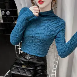 Blouse Women Turtleneck Grenadine Lace Women's Shirt Autumn and Winter Tight Long-Sleeved Top Blusas Ropa De Mujer