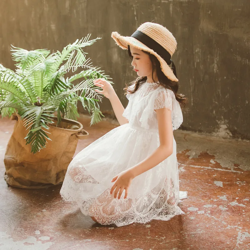 Prinses Kant Bloem Meisje Jurken Goedkope Korte Mouwen Meisjes Kind Pageant Rokken Zomer Ceremonie Heilige Eerste Communie Jurk Dragen