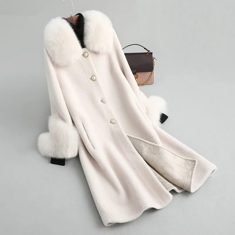 

Autumn Winter Wool Coats Sheep Shearling Fur Jackets Real Fur Coat Female Jacket Warm Fox Fur Collar Winter Jacket Women A216