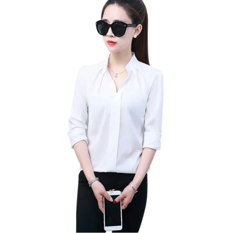 Blusa blanca de Chifón con manga larga para verano, camisa Sexy elegante con cuello en V para mujer, 2020