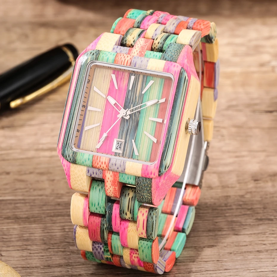 Retro Wood Calendar Watches for Men Creative Rectangle Dial Clock Man Full Natural Wooden Band Watch Date Quartz Wrist Watches