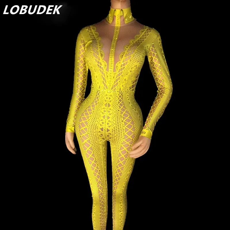 Yellow Black White Rhinestones Stretch Jumpsuit Nightclub Performance Stage Costume Sexy Pole Dance Printed Leotard Party Show