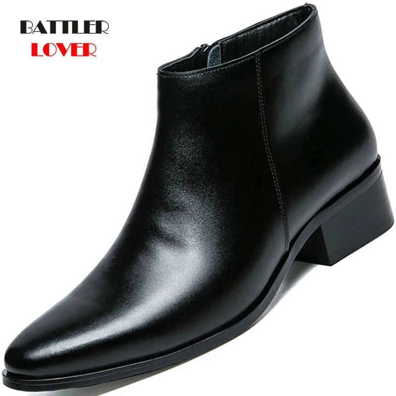 Men Chelsea Boots Genuine Leather Botas Wedding Dress Shoes for Male Formal Business Ankle Boot Winter Warm Black