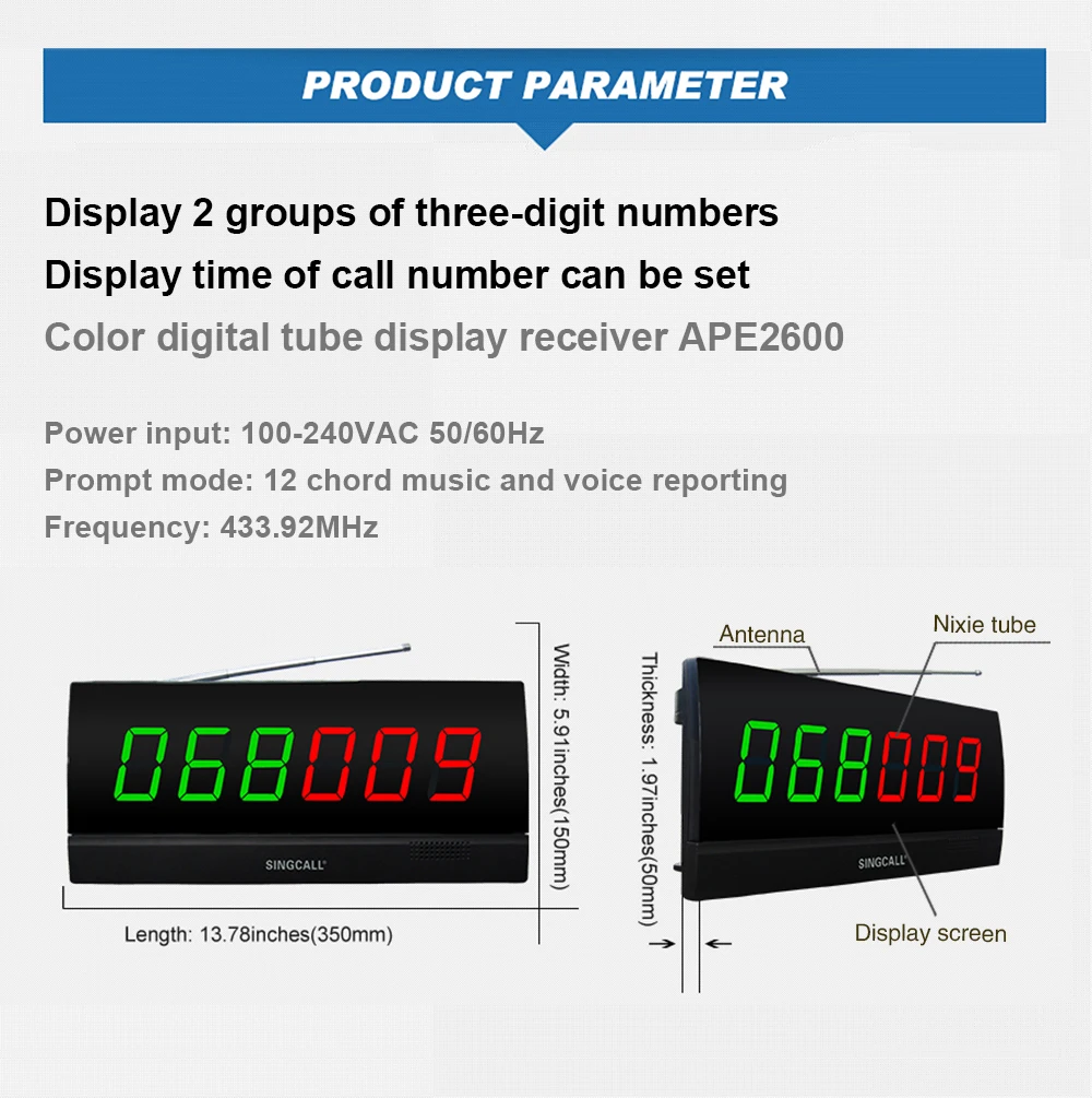 SINGCALL Wireless Paging System, Screen Receiver that Shows 2 Groups of 3 Digit with Different Color, APE2600 Fixed Receiver