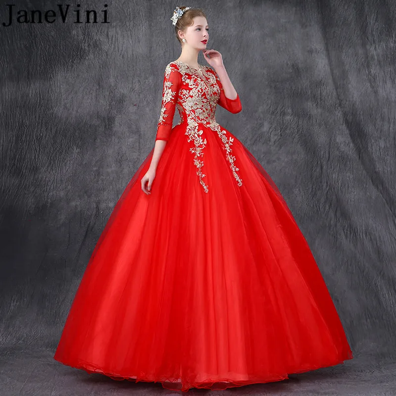 Janevini vestido rojo 2020 quinceanera vestidos de baile formal vestido de baile com mangas compridas apliques de renda pérolas doce 16 vestido