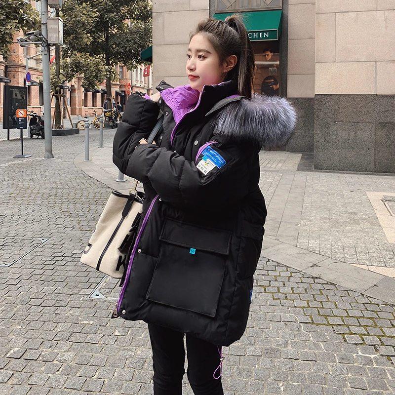 Winter 2021 new mid-length jacket warm hooded down cotton parka coat women's casual loose winter big fur collar ladies jacket