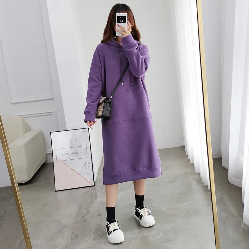 Korean Style Women Autumn Winter Sweatshirt Dress Thicken Warm Casual Loose Hooded Dress Solid Straight Vestidos