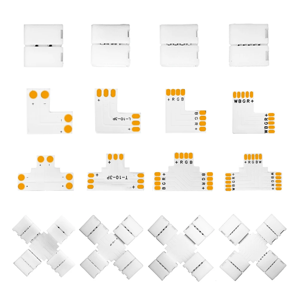 

10pcs-100pcs LED Connector 2pin 3pin 4pin 5pin L/T/X Shape Solderless Corner 10mm Width For WS2812 5050 3528 RGB LED Strip Light