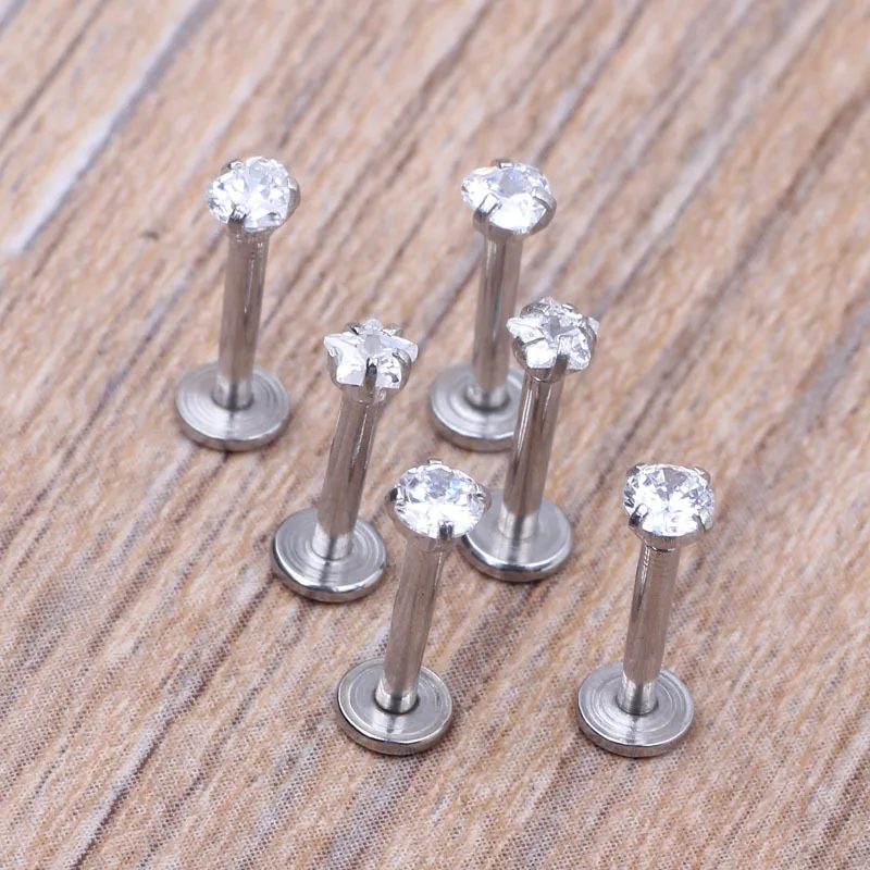 6 Pcs Stainless Steel Clear CZ Crystal Labret Lip Nail studs Cartilage Helix Ear Stud Earring Ring Lip Piercing Jewelry 3mm