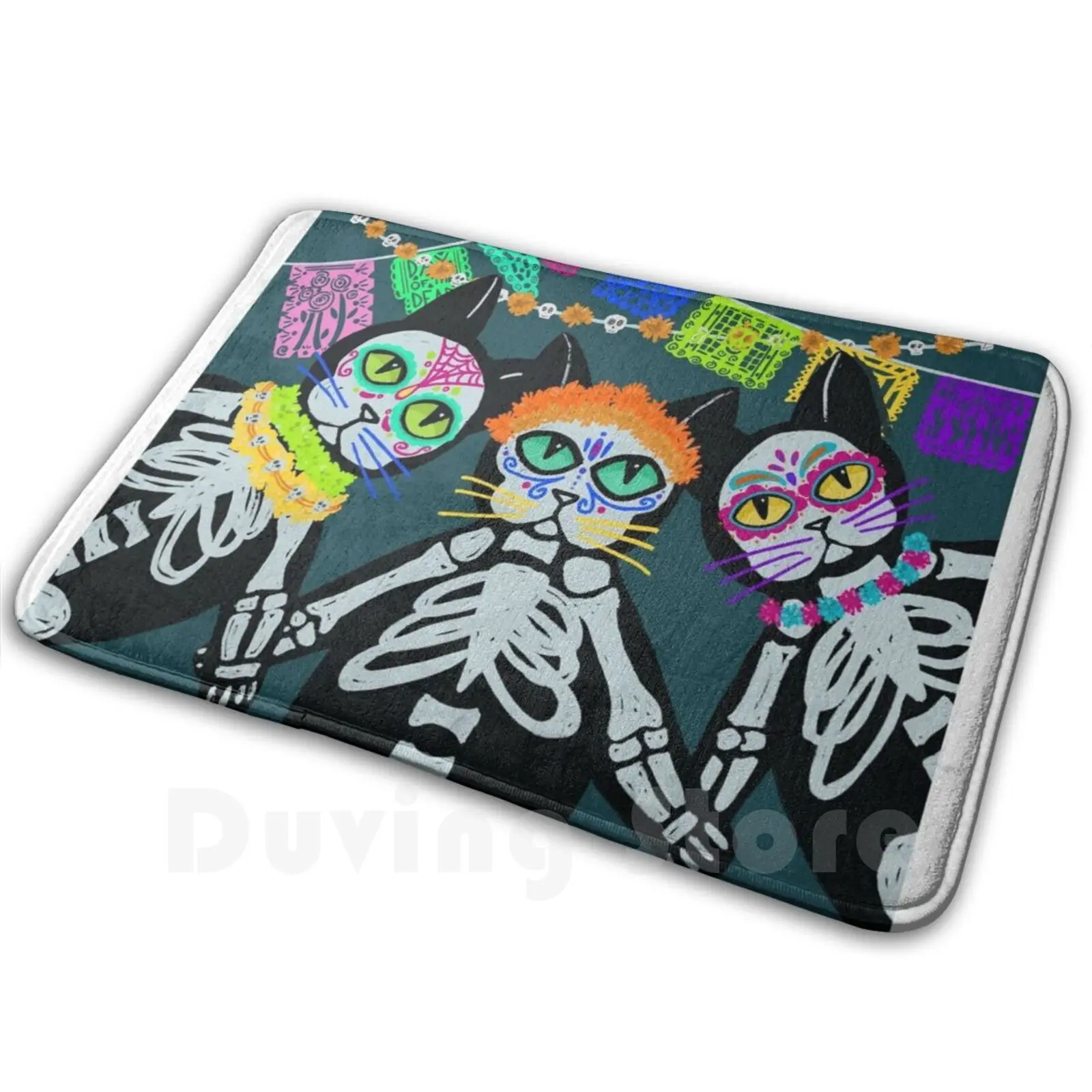 Day Of The Dead Cat Soft Non-Slip Mat Rug 108 Carpet Cushion Cat Black Cat Skull Halloween Dia De Los Muertos Mexico