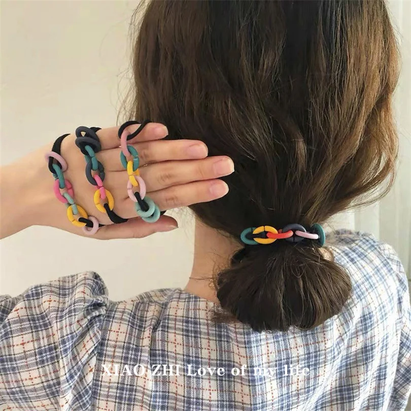 2Pcs Women Elastic Scrunchies Hair Band Rubber Rope Vintage Hairbands Chain Ponytail Acrylic Girls Hair Accessories Headwear