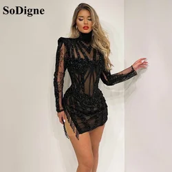 SoDigne-vestido de cóctel corto de cuello alto negro con purpurina, manga larga, cuentas, ilusión, vestido de dama, sirena, fiesta Formal, vestidos de Graduación