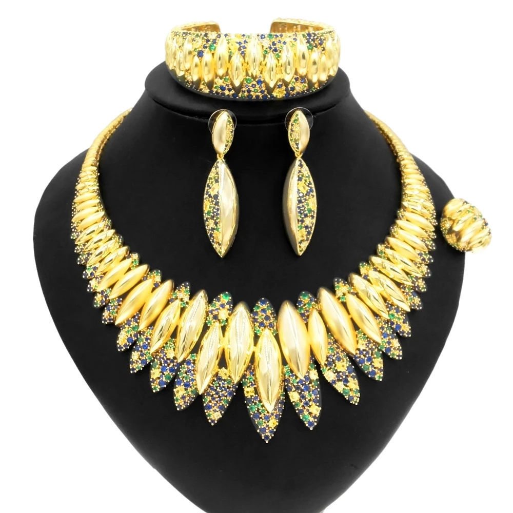 Yulaili Elegant Gorgeous American Brass Stone Cubic Zirconia Crystal Necklace Bracelet Earring Ring Wedding Bride Jewelry Sets