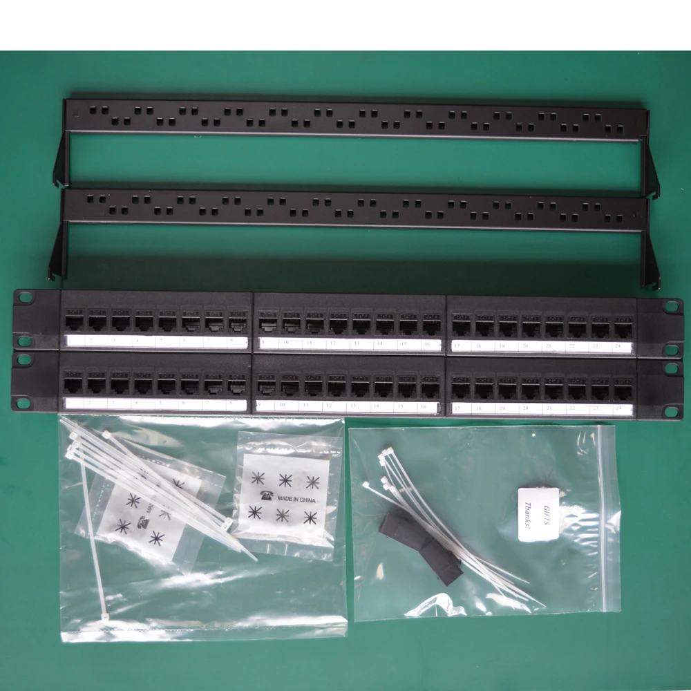 19in 2U Cabinet Pass-through 48 Port CAT6 CAT6A Patch Panel RJ45 Network Cable Adapter Keystone Jack Modular Distribution Frame