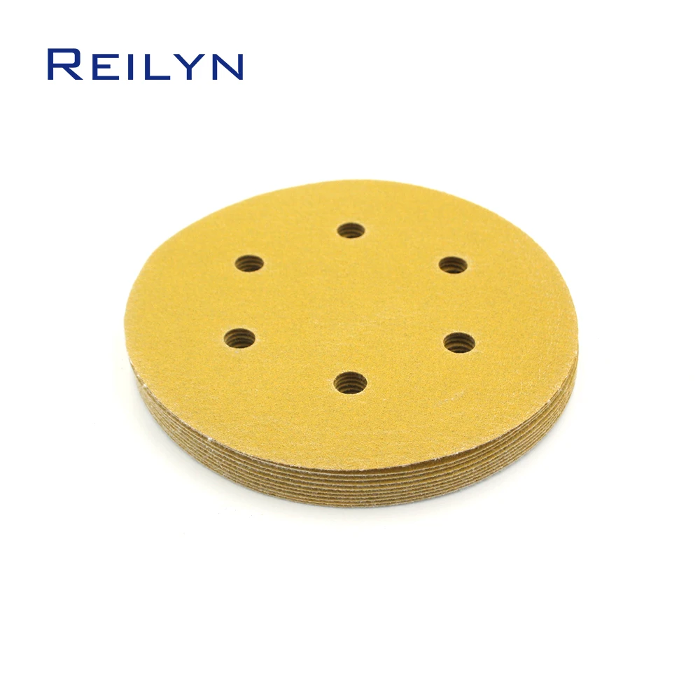 

10pcs 6 Hole 5 inch 125mm Yellow Sandpaper Polishing Wheel 5 inch Self Adhesive Flocked Sandpaper Pad Metal Wood Sanding Disc