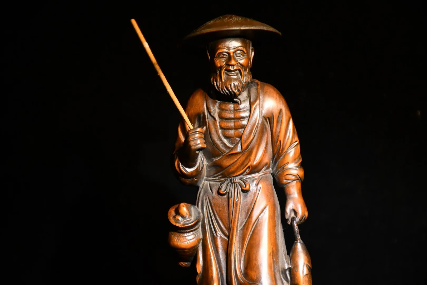 10“Tibetan Temple Collection Old Boxwood Fisherman Statue Fish have a surplus year after year Worship Hall Town house