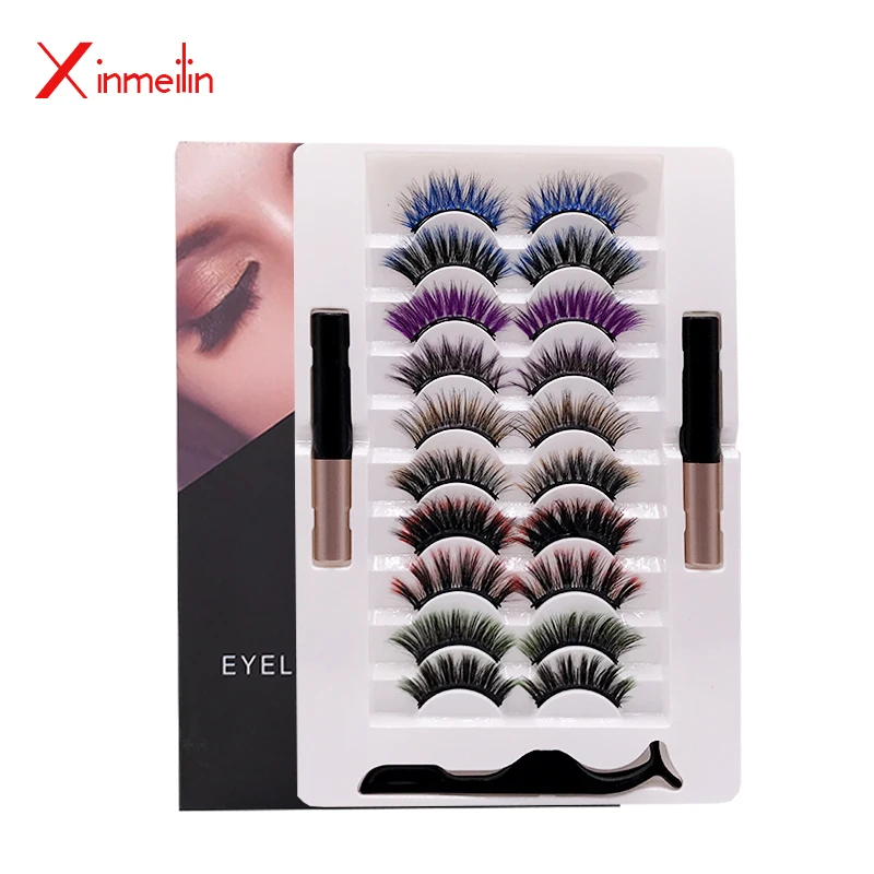 10 pairs mixed magnet color false eyelashes Bulk 2pcs Tube magnetic Eyeliner 1pc Tweezer set Reusable Beauty Lash Extension Kit