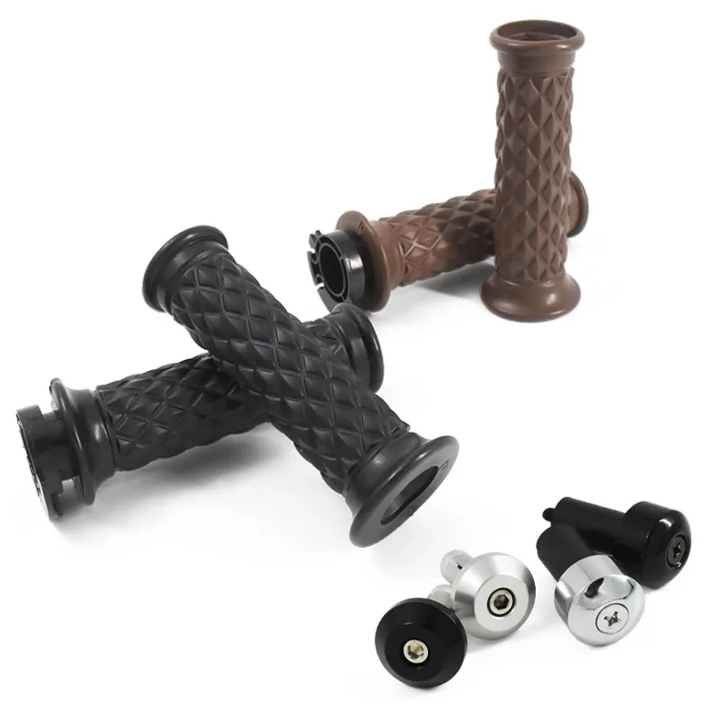 22mm Universal Grid Vintage Motorcycle Cafe Racer Refit Motorbike Rubber Handle Bar Grips With Blance Block