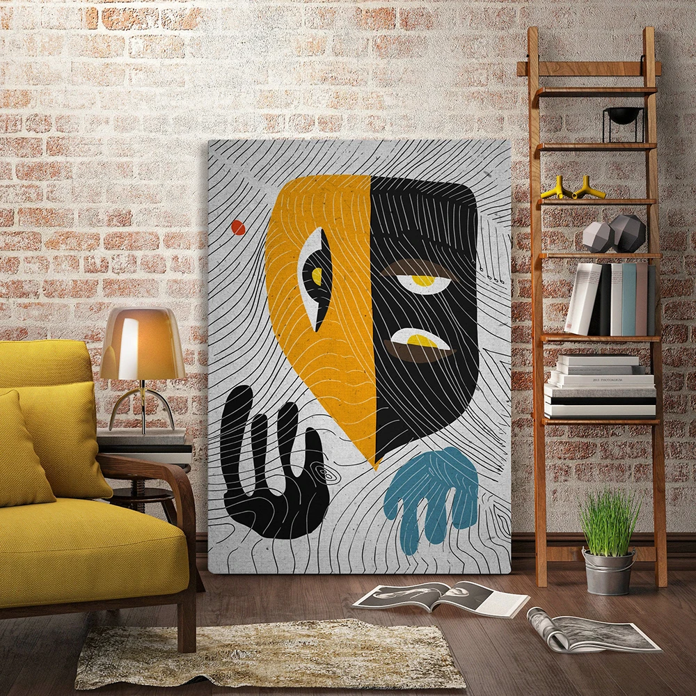 أسود أبيض أصفر أقنعة الأفريقية امرأة النفط اللوحة على قماش الملصقات والمطبوعات الاسكندنافية جدار صورة فنية لغرفة المعيشة