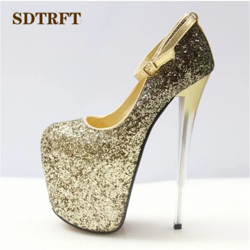 SDTRFT Gold Sliver Sequins Pumps Ladies Platform shoes woman 20cm thin heels Nighclub Ankle Strap single wedding Dance Stiletto